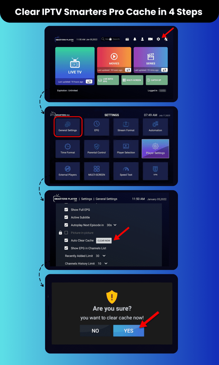 Here is the visual step by step guide of how can you clear cache from IPTV smarter pro app